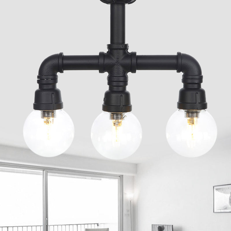Industrial-Style Orb Semi Flush Light 3/4 Lights Clear Glass LED Flushmount Lamp in Black