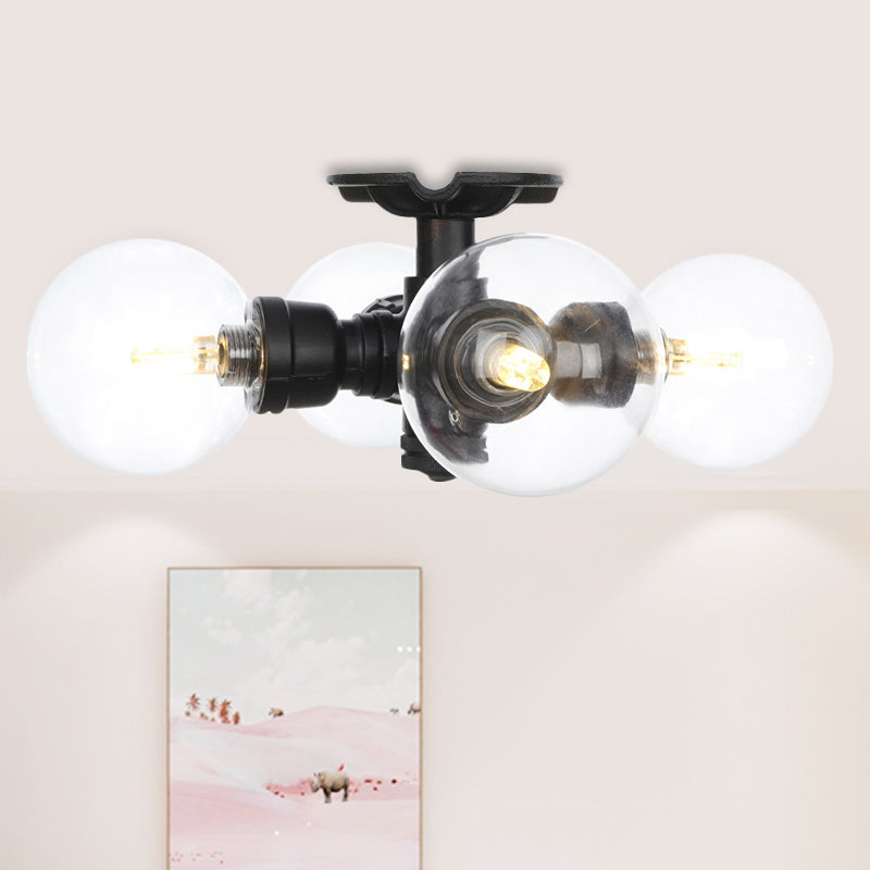 Industrial-Style Orb Semi Flush Light 3/4 Lights Clear Glass LED Flushmount Lamp in Black