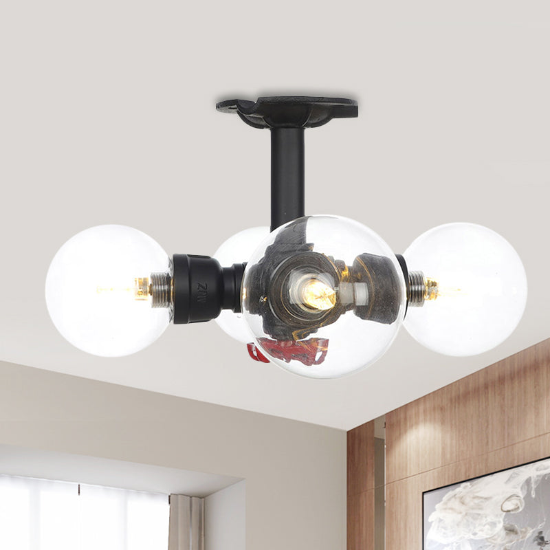 Industrial-Style Orb Semi Flush Light 3/4 Lights Clear Glass LED Flushmount Lamp in Black