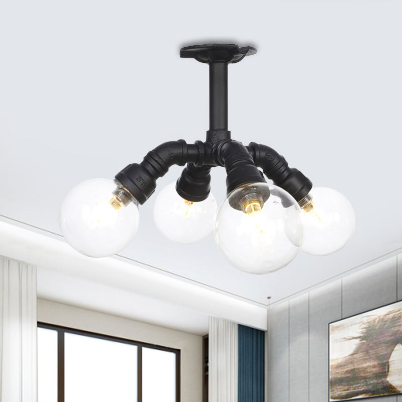 Black 4/5/6-Head Semi Flushmount Antiqued Clear Glass Ball LED Close to Ceiling Lighting