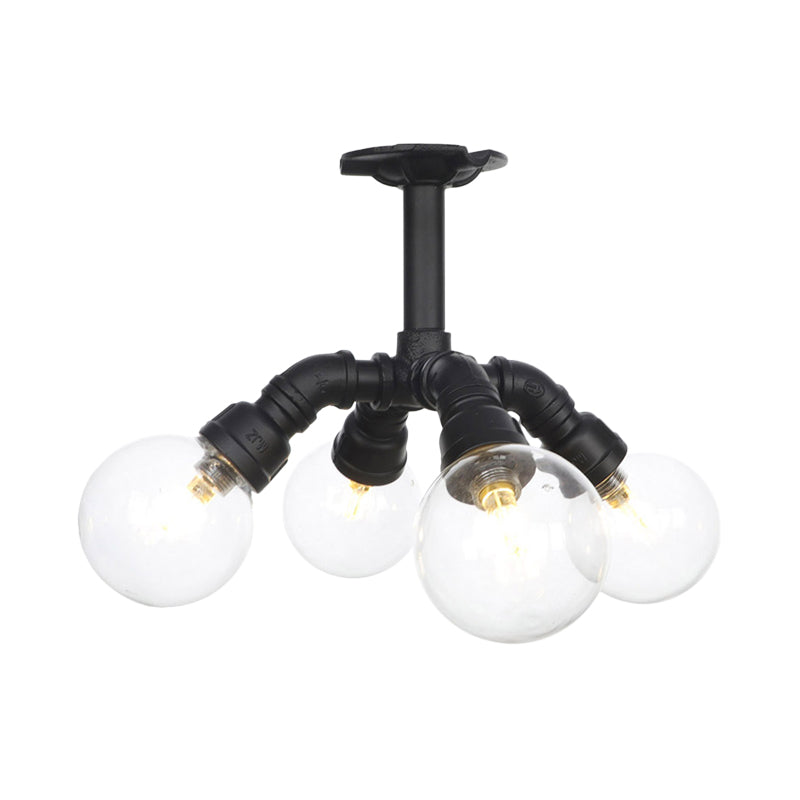 Black 4/5/6-Head Semi Flushmount Antiqued Clear Glass Ball LED Close to Ceiling Lighting