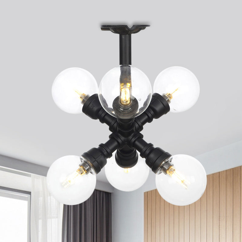 Black 4/5/6-Head Semi Flushmount Antiqued Clear Glass Ball LED Close to Ceiling Lighting