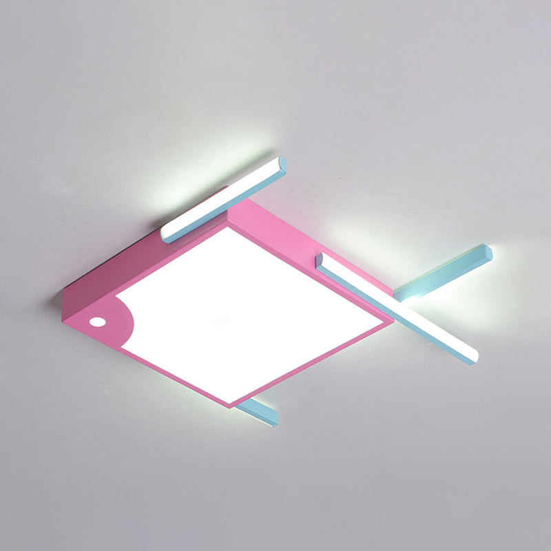 Square Flush Mount Light Minimalist Acrylic LED Bedroom Ceiling Flush in Pink with Linear Design, White/Warm Light