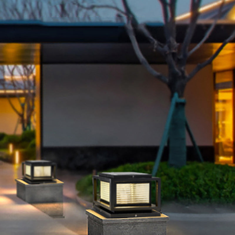Metal Square Shape Outdoor Light Modern Style 1-Light Solar Pillar Lights in Black