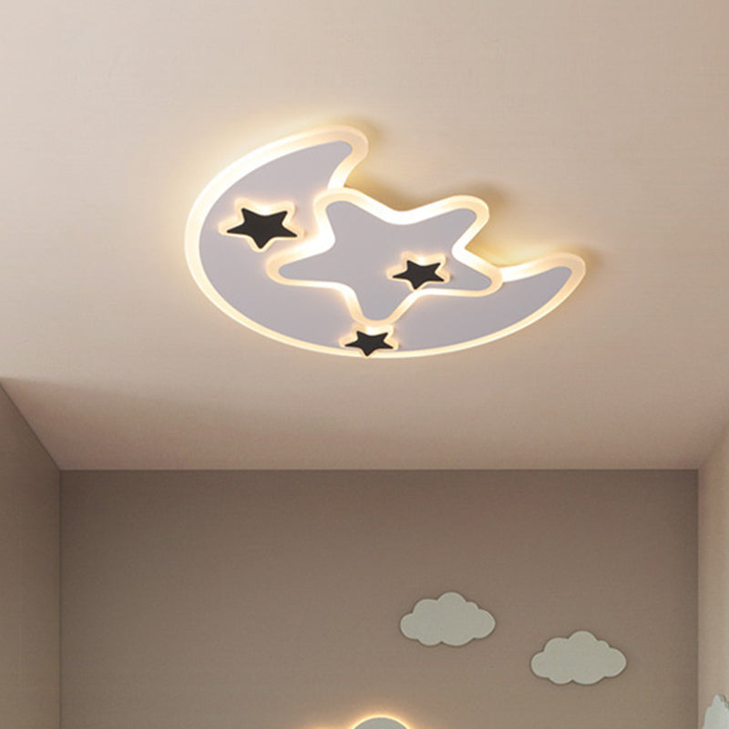 Black Moon and Star Flushmount Light Contemporary LED Acrylic Children Bedroom Ceiling Fixture in Warm/White Light