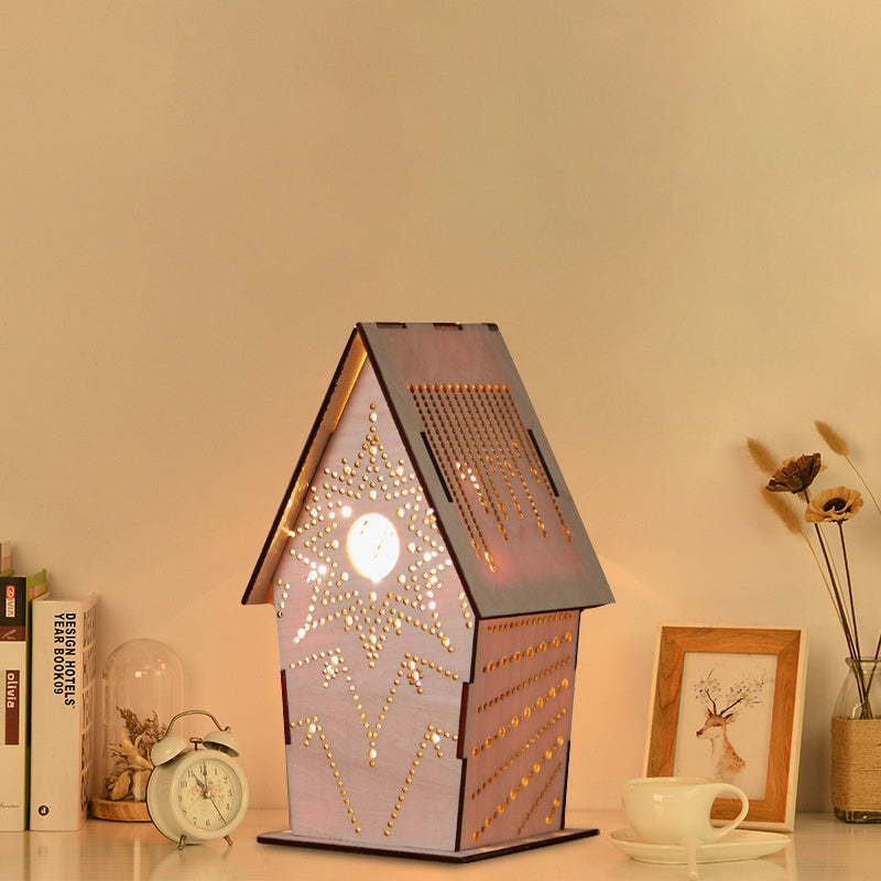 Brown Lodge Small Night Light Kids Wooden USB LED Table Lighting with Cutouts Loving Heart/Star/Flower Pattern