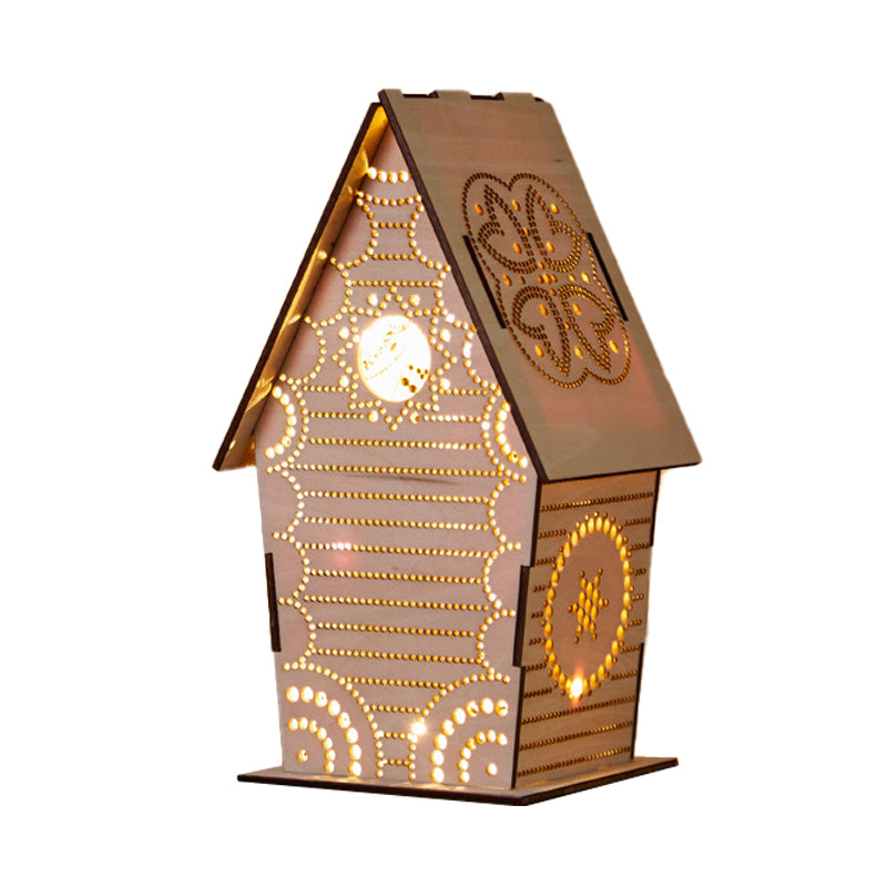 Brown Lodge Small Night Light Kids Wooden USB LED Table Lighting with Cutouts Loving Heart/Star/Flower Pattern