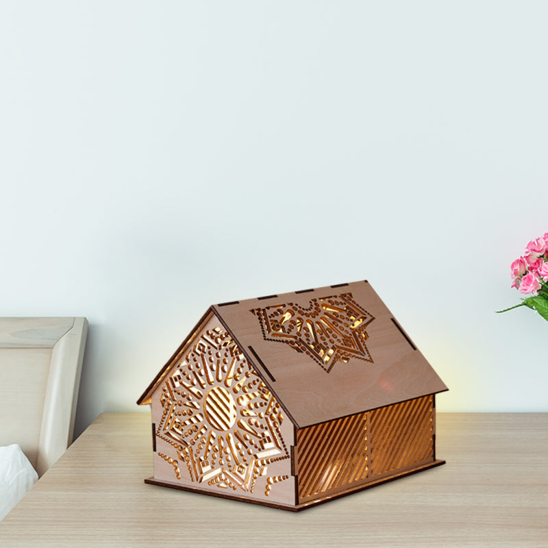 Kids Cottage Mini Night Lamp Wood Bedroom LED Nightstand Light in Brown with Sculpted Flower/Star/Loving Heart Design