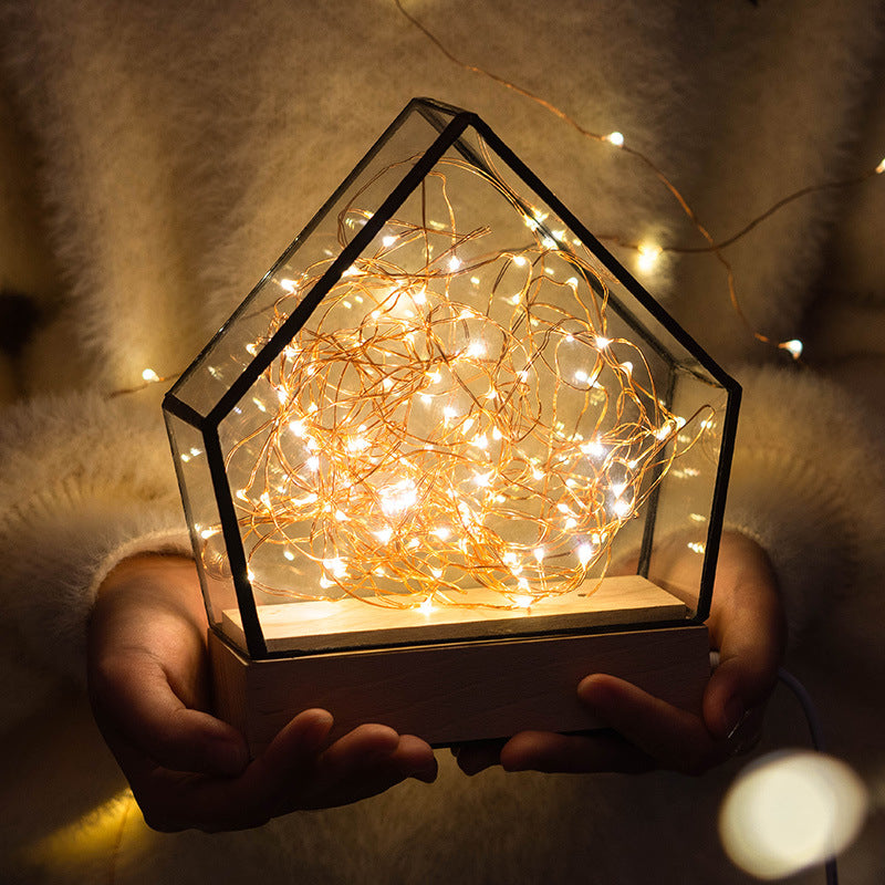 Lámpara de mesa LED integrada de madera de madera infractor de madera de madera de niño claro de vidrio transparente con oso interno y cuerda