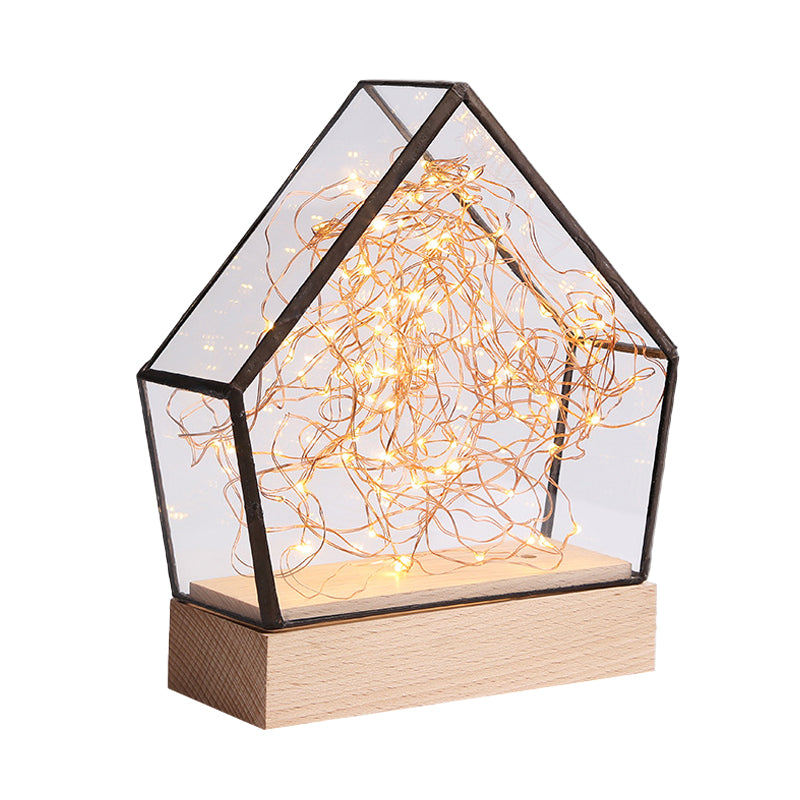 Clear Glass Mini House Nachttisch Leichtes Kinder Holz integrierte LED -Tischlampe mit Innenbär und Schnurdekoration