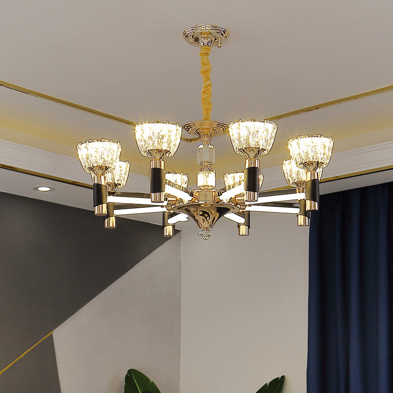 Moderne Schüsselformhängung Licht 6/8 Lichter Kristall Rechteck LED Kronleuchter in Schwarz und Gold