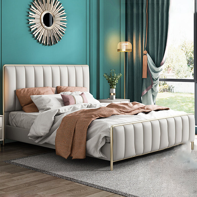 Glam Standard Bed Upholstered Headboard Solid Wood Beige Panel Bed