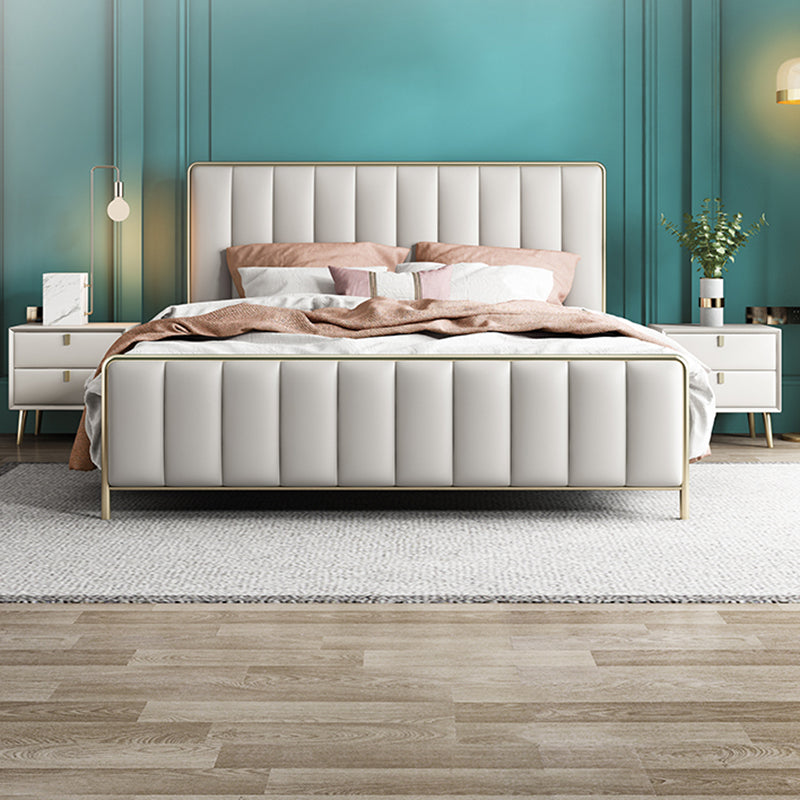 Glam Standard Bed Upholstered Headboard Solid Wood Beige Panel Bed