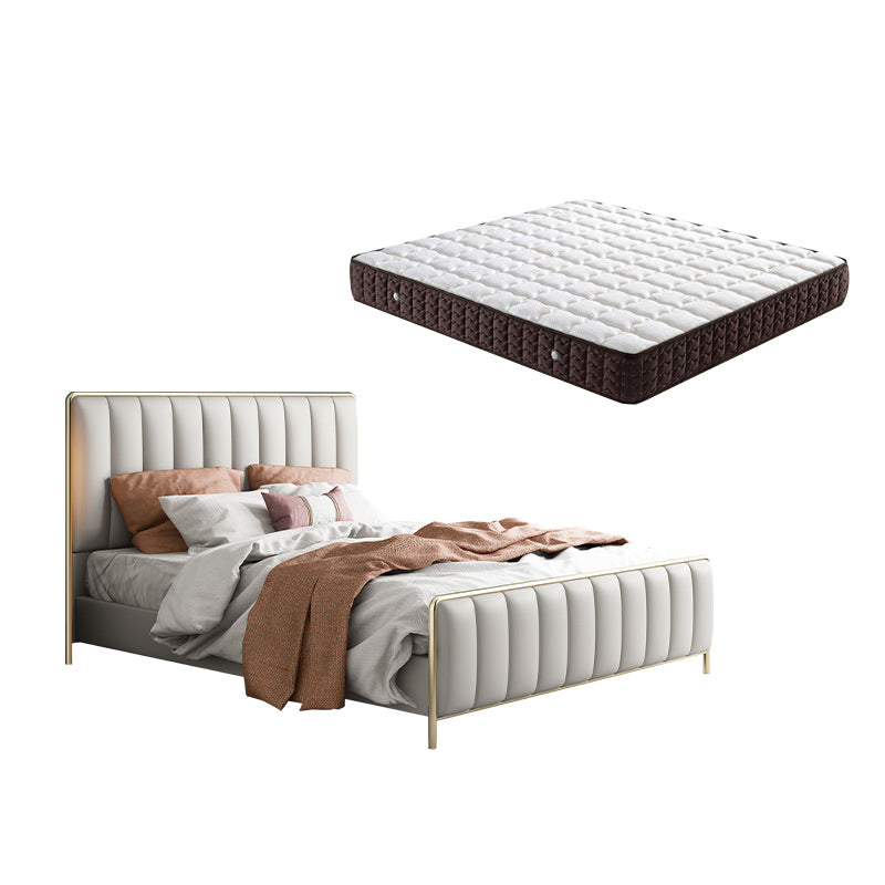 Glam Standard Bed Upholstered Headboard Solid Wood Beige Panel Bed