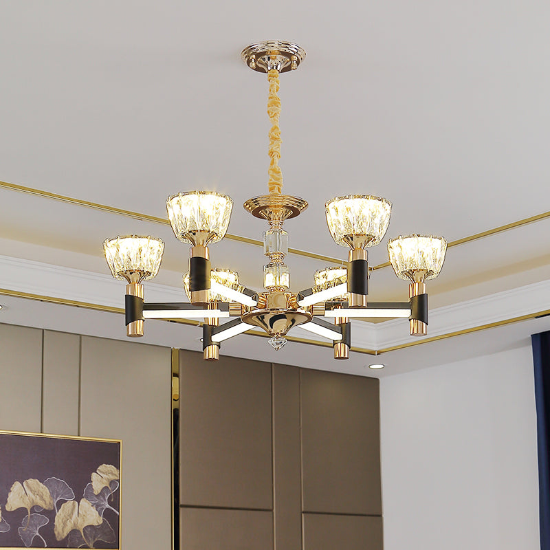 Moderne Schüsselformhängung Licht 6/8 Lichter Kristall Rechteck LED Kronleuchter in Schwarz und Gold
