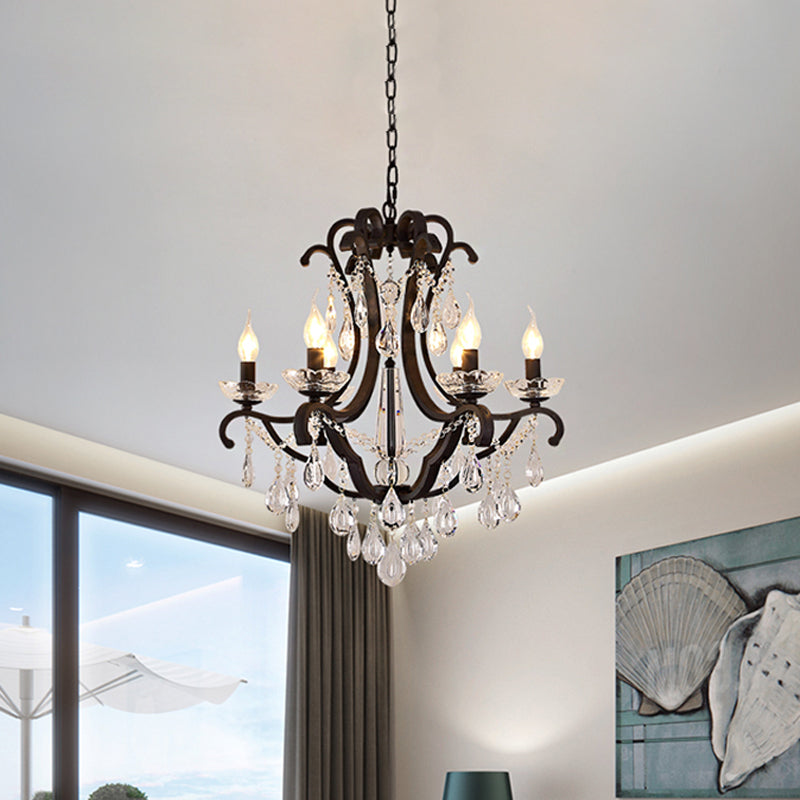 Metallic Black Pendant Chandelier Scroll Arm 5/6-Head Traditional Hanging Ceiling Light with Crystal Drop