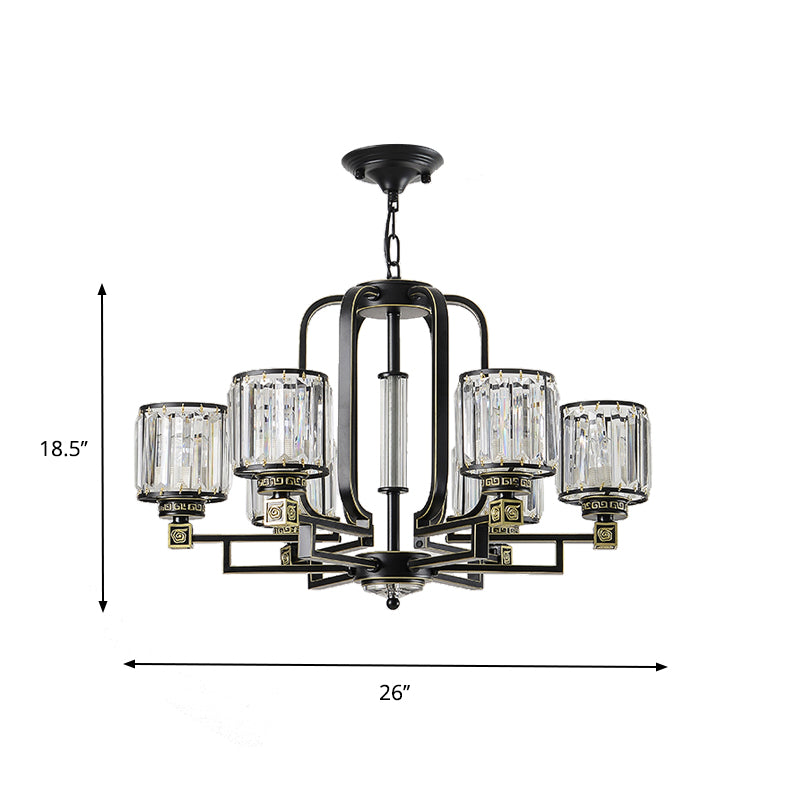 Schwarzer zylindrischer Deckenkraut zeitgenössischer Kristallblock 6/8-Licht Wohnzimmer Anhängerlampe Lampenvorrichtung