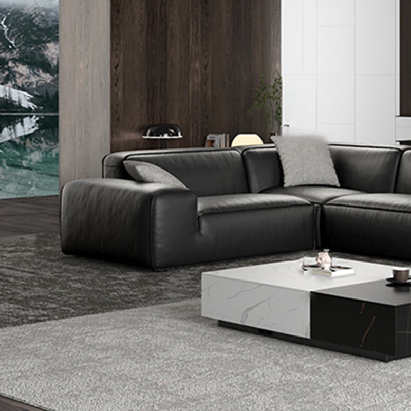 Black Genuine Leather Sectionals 30.7" H Square Arm Sectional Sofa Set