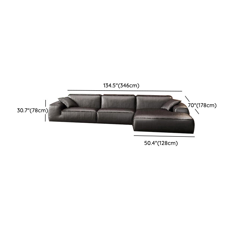 Black Genuine Leather Sectionals 30.7" H Square Arm Sectional Sofa Set