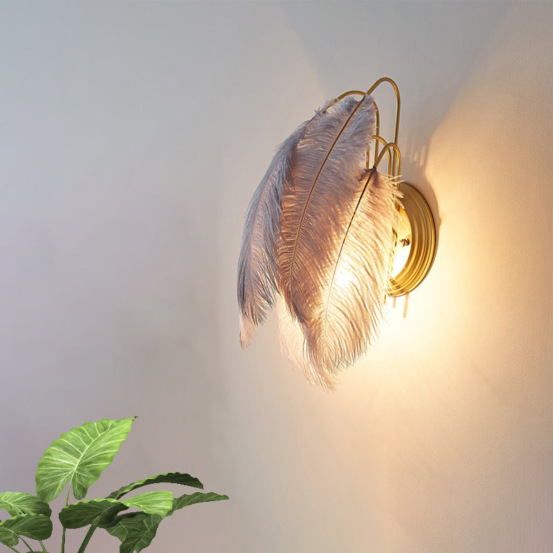 Furry Goose Feather Wall Lamp Modernist Single-Bulb Grey/White Sconce Light Fixture for Living Room