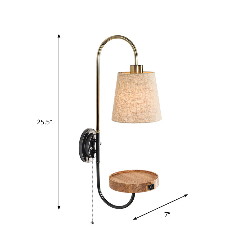 Conical Fabric Pull Chain Wall Mount Lamp Modern Single Wood Sconce Light with USB Port and Wood Rack