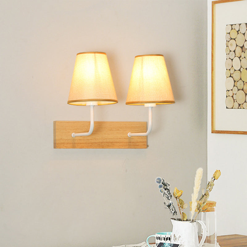 Flaxen Cone Shade Wall Mounted Light Nordic 2 Bulbs Fabric Sconce Light Fixture with Rectangle Wood Backplate