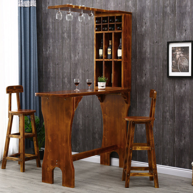Brown Pine Wood Bistro Table with Wine Holder Pub Table for Bar