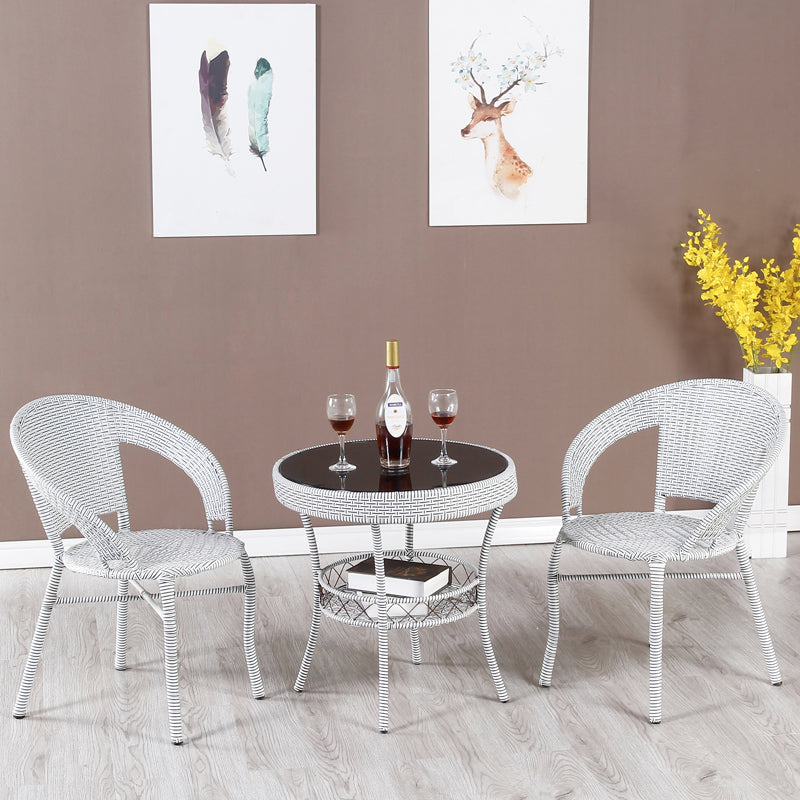 Rattan Dining Table Set Glass Top Round Shape Table for Courtyard