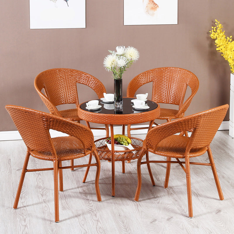 Rattan Dining Table Set Glass Top Round Shape Table for Courtyard