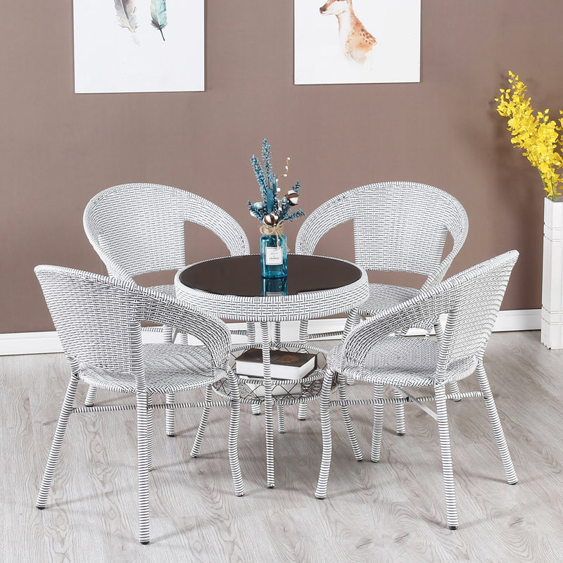 Rattan Dining Table Set Glass Top Round Shape Table for Courtyard