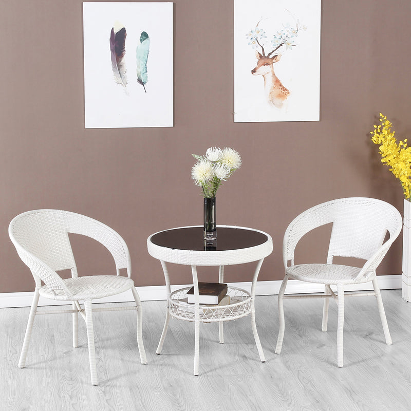 Rattan Dining Table Set Glass Top Round Shape Table for Courtyard