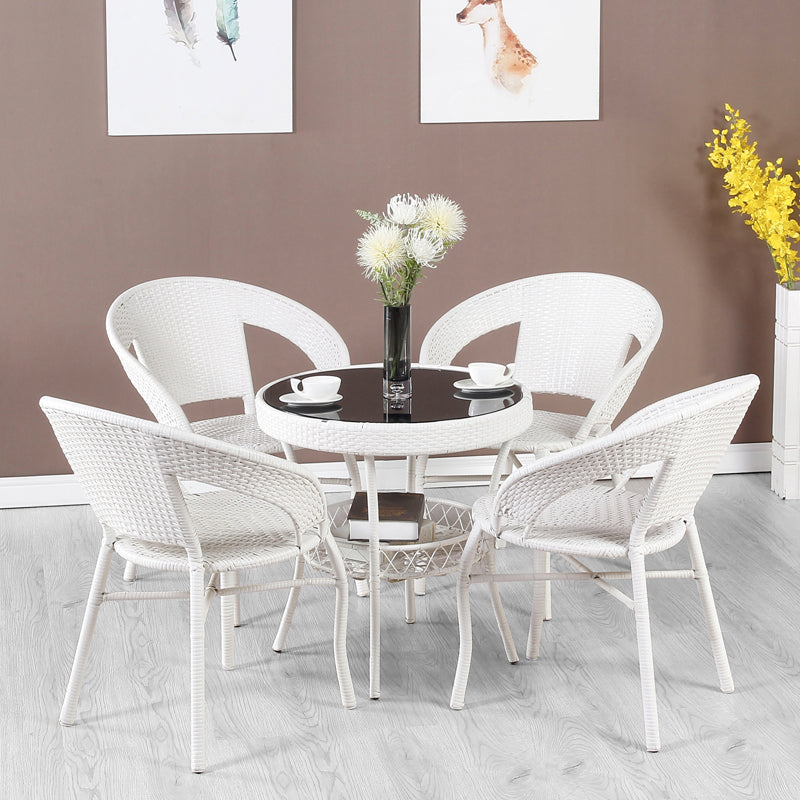 Rattan Dining Table Set Glass Top Round Shape Table for Courtyard