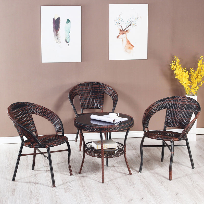 Rattan Dining Table Set Glass Top Round Shape Table for Courtyard