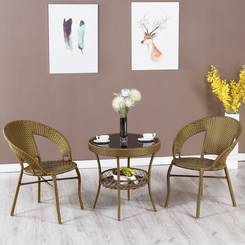 Rattan Dining Table Set Glass Top Round Shape Table for Courtyard