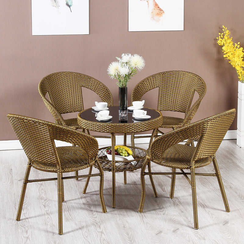 Rattan Dining Table Set Glass Top Round Shape Table for Courtyard