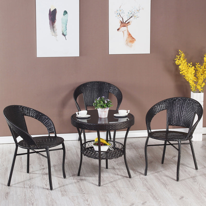 Rattan Dining Table Set Glass Top Round Shape Table for Courtyard