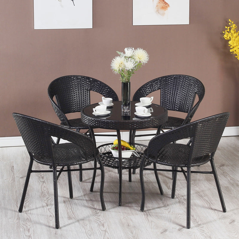 Rattan Dining Table Set Glass Top Round Shape Table for Courtyard