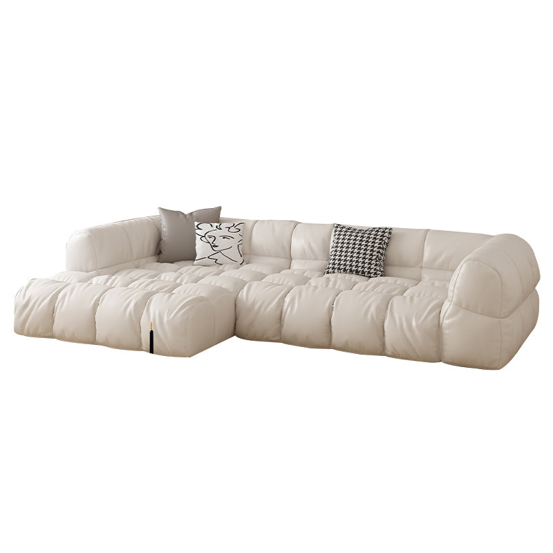 Modern Simple Square Arm Sofa & Chaise in White Biscuit Back Sectional Sofa