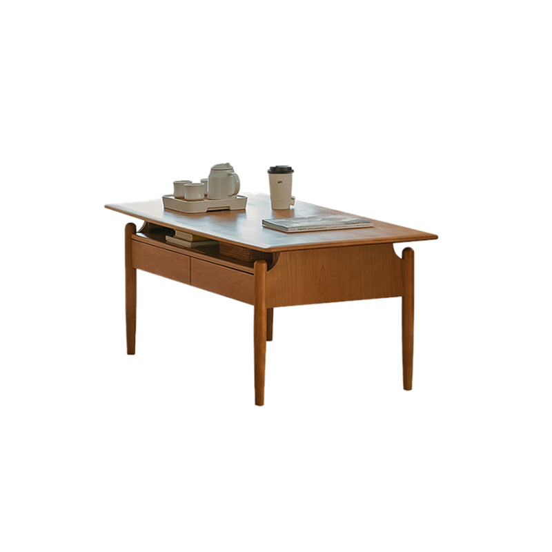 Farmhouse 4 Legs Coffee Table Solid Wood Cocktail Table with 2 Storage Drawers