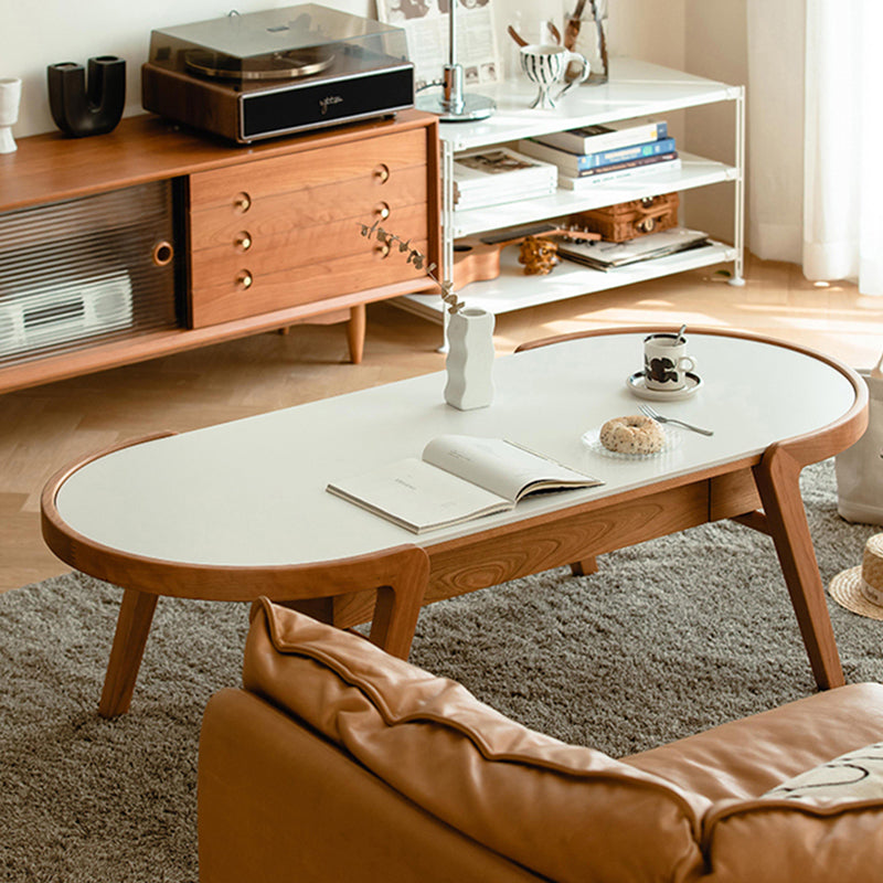 Farmhouse Wooden Coffee Table Elliptical 4 Legs Cocktail Table