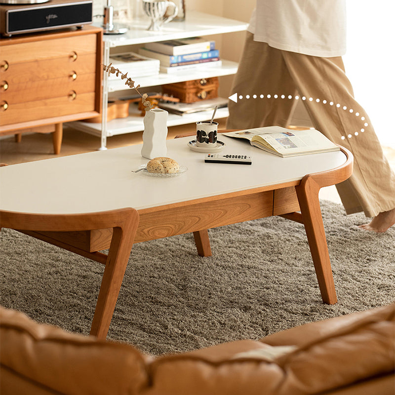 Farmhouse Wooden Coffee Table Elliptical 4 Legs Cocktail Table