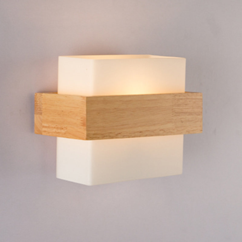Modern Wood Wall Sconce Rectangle Shape Wall Light with Glass Shade for Living Room