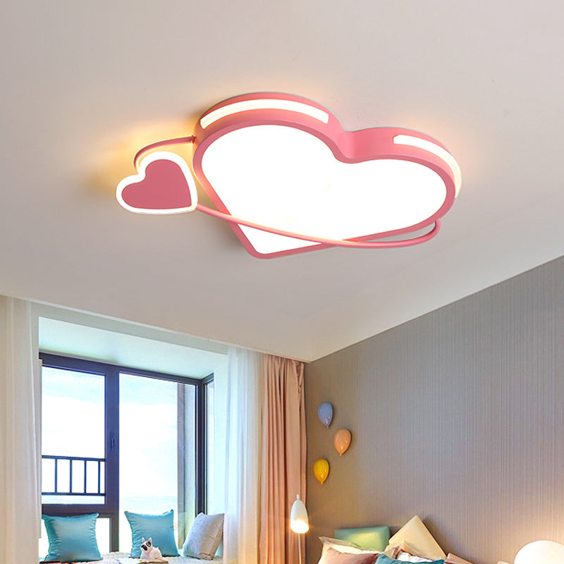 Pink Dual Loving Heart Flush Mount Ceiling Fixture Modernist Acrylic LED Flush Light with Ring for Bedroom