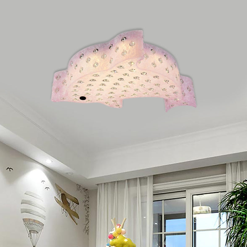 Contemporary Fish Shaped Flush Mount Pendant Light Acrylic Bedroom LED Ceiling Mount with Crystal Decoration in Blue/Pink/White