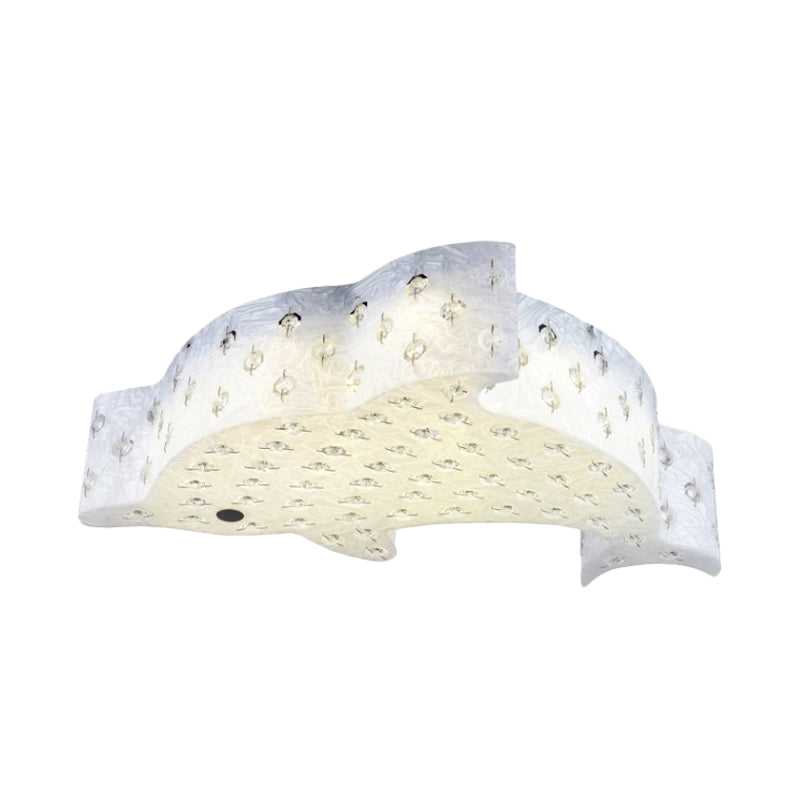 Contemporary Fish Shaped Flush Mount Pendant Light Acrylic Bedroom LED Ceiling Mount with Crystal Decoration in Blue/Pink/White