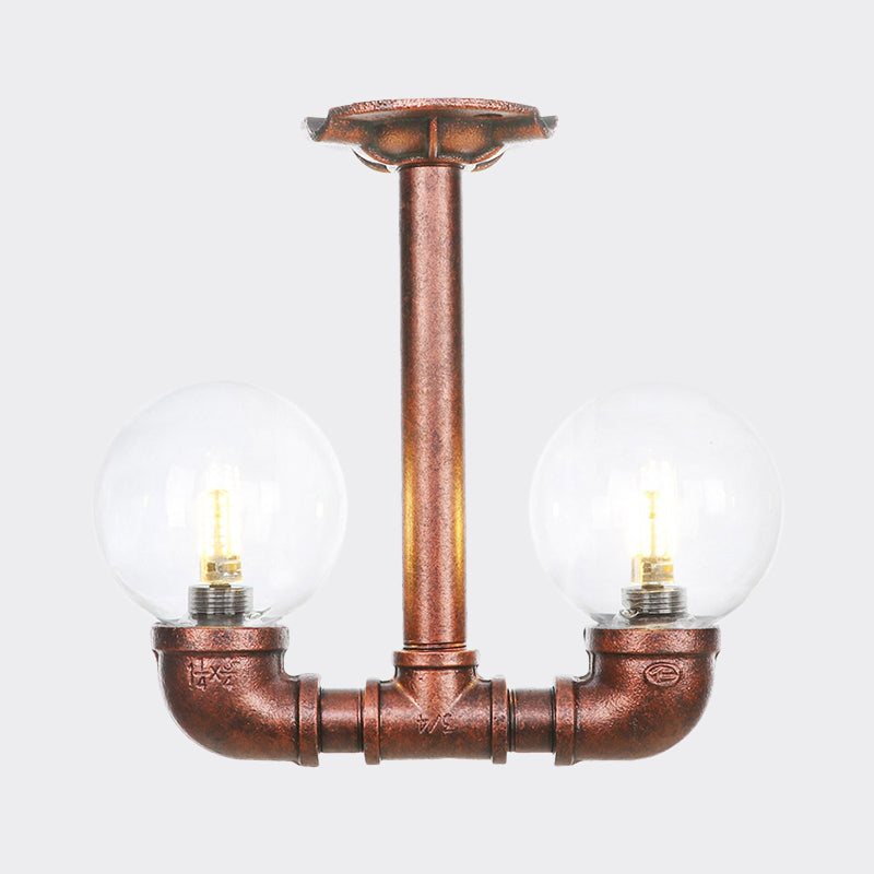 2 Heads Clear Glass Semi Flush Mount Industrial Copper Finish Orb Corridor Ceiling Flush