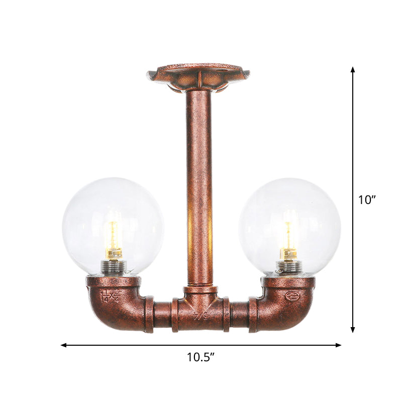 2 Heads Clear Glass Semi Flush Mount Industrial Copper Finish Orb Corridor Ceiling Flush
