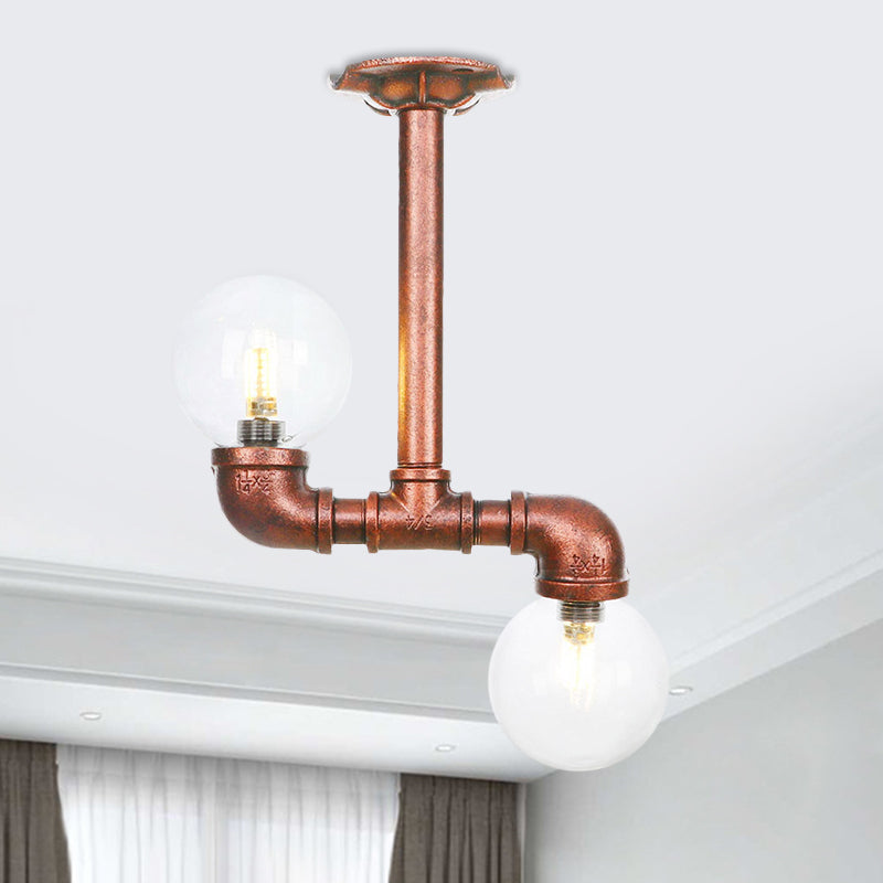 2 Heads Clear Glass Semi Flush Mount Industrial Copper Finish Orb Corridor Ceiling Flush