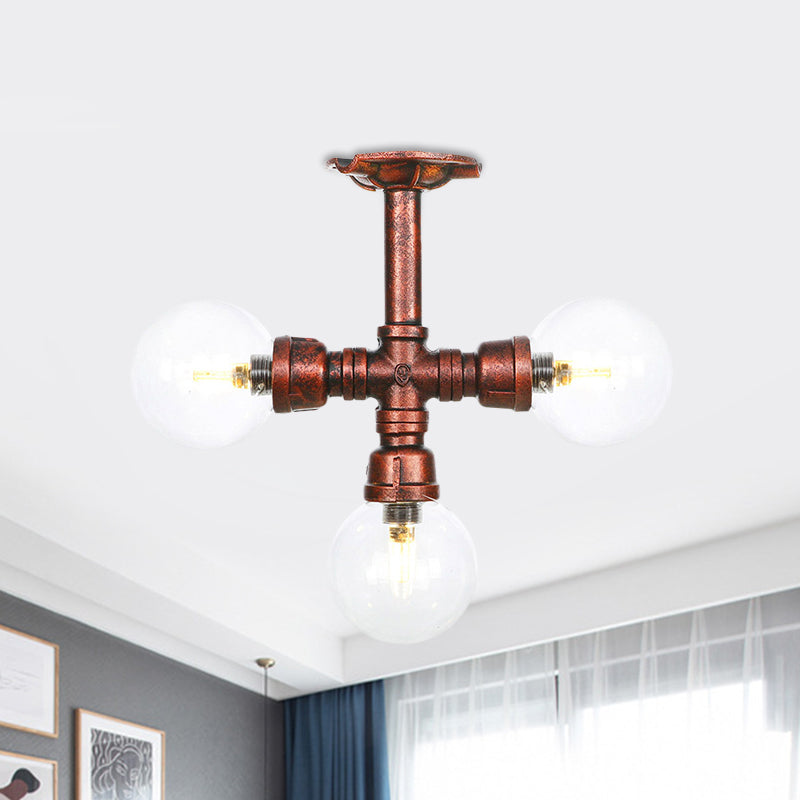 Rustic Global Semi-Flush Ceiling Fixture 3/4-Light Clear Glass Flush Mount Lighting in Copper