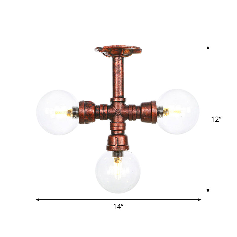 Rustic Global Semi-Flush Ceiling Fixture 3/4-Light Clear Glass Flush Mount Lighting in Copper